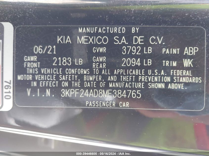 2021 Kia Forte Lxs VIN: 3KPF24AD8ME384765 Lot: 39446605