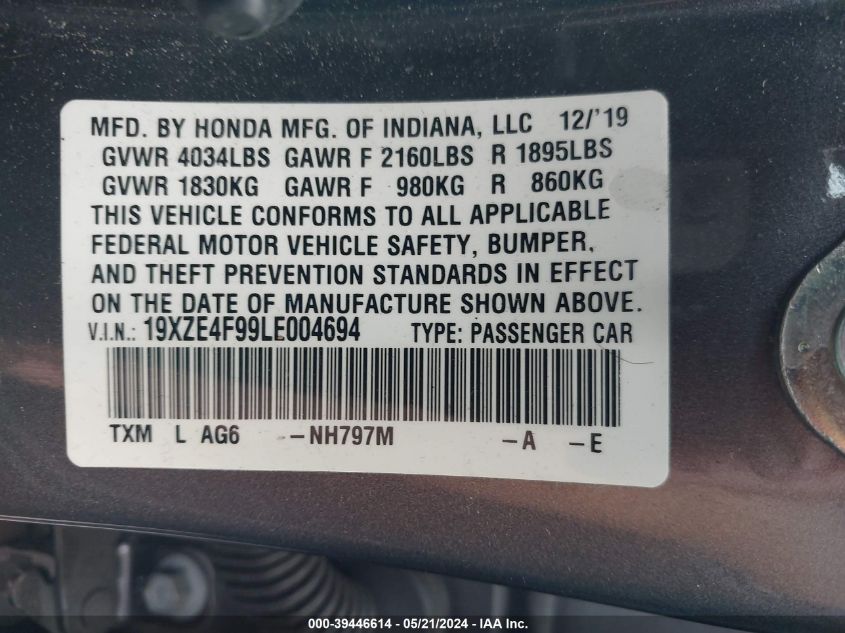 2020 Honda Insight Touring VIN: 19XZE4F99LE004694 Lot: 39446614