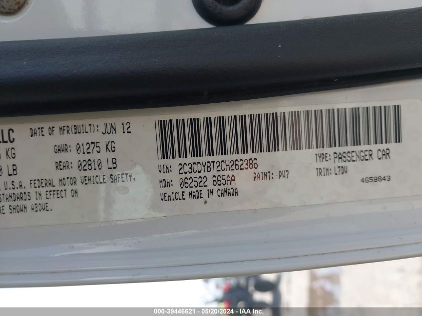 2012 Dodge Challenger R/T VIN: 2C3CDYBT2CH262386 Lot: 39446621