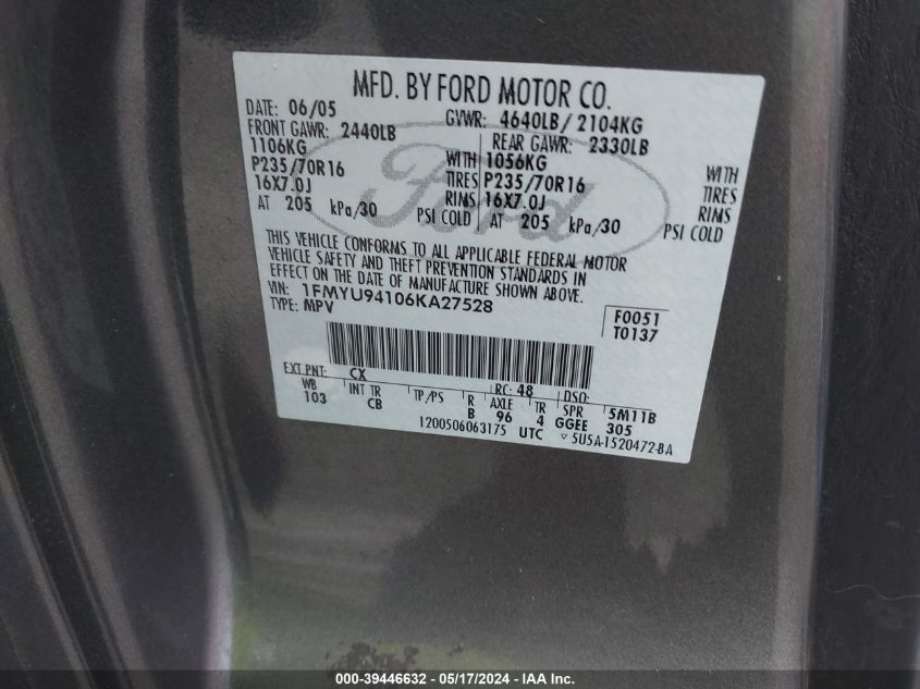 2006 Ford Escape Limited VIN: 1FMYU94106KA27528 Lot: 39446632