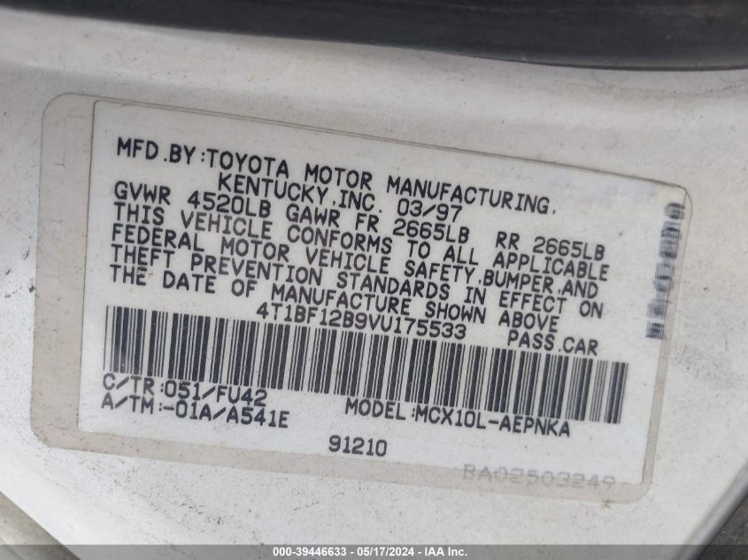 1997 Toyota Avalon Xl VIN: 4T1BF12B9VU175533 Lot: 39446633