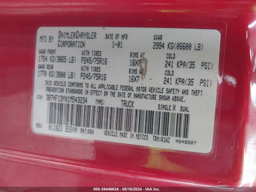 2001 Dodge Ram 1500 St VIN: 3B7HF13YX1M543234 Lot: 39446634