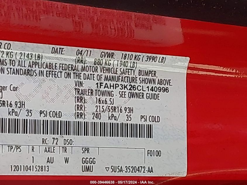 2012 Ford Focus Se VIN: 1FAHP3K26CL140996 Lot: 39446638