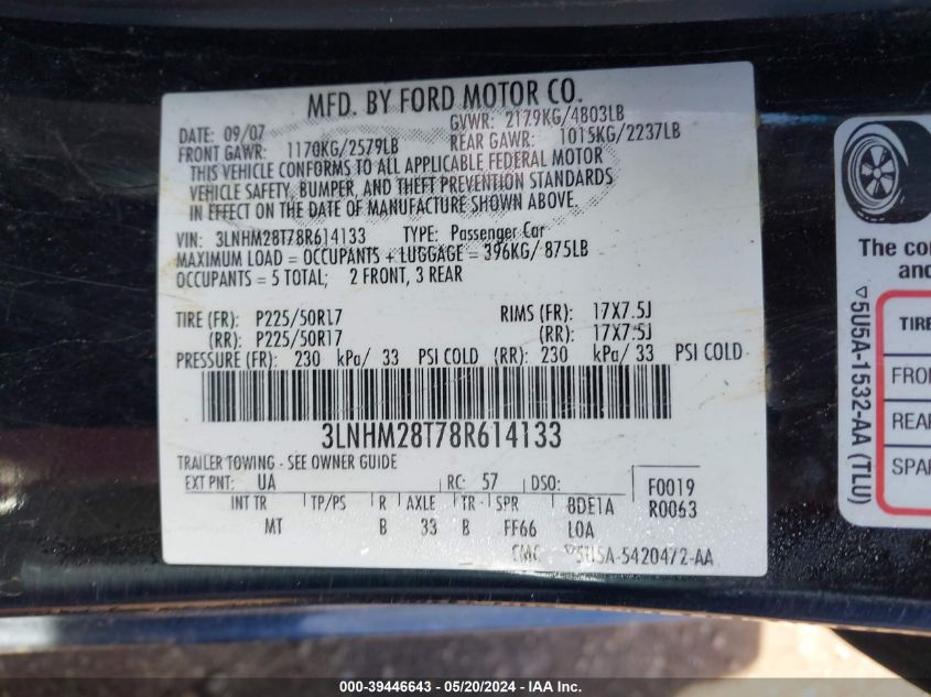 2008 Lincoln Mkz VIN: 3LNHM28T78R614133 Lot: 39446643