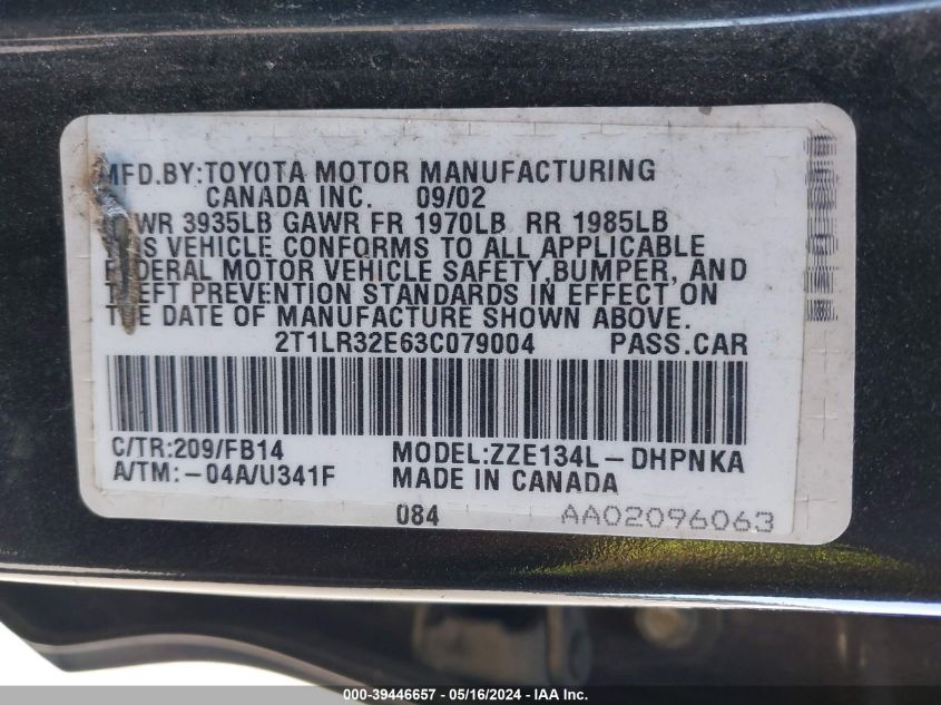 2003 Toyota Matrix Xr VIN: 2T1LR32E63C079004 Lot: 39446657