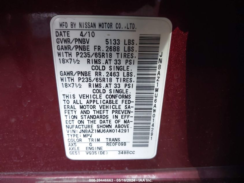 2010 Nissan Murano S/Sl/Le VIN: JN8AZ1MU6AW014291 Lot: 39446663