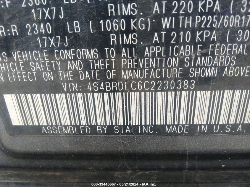 2012 Subaru Outback 3.6R Limited VIN: 4S4BRDLC6C2230383 Lot: 39446667