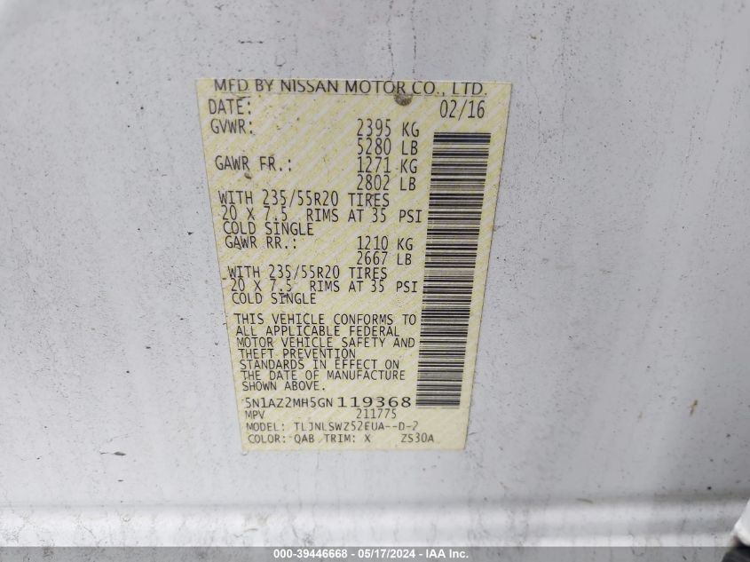 2016 Nissan Murano Platinum VIN: 5N1AZ2MH5GN119368 Lot: 39446668