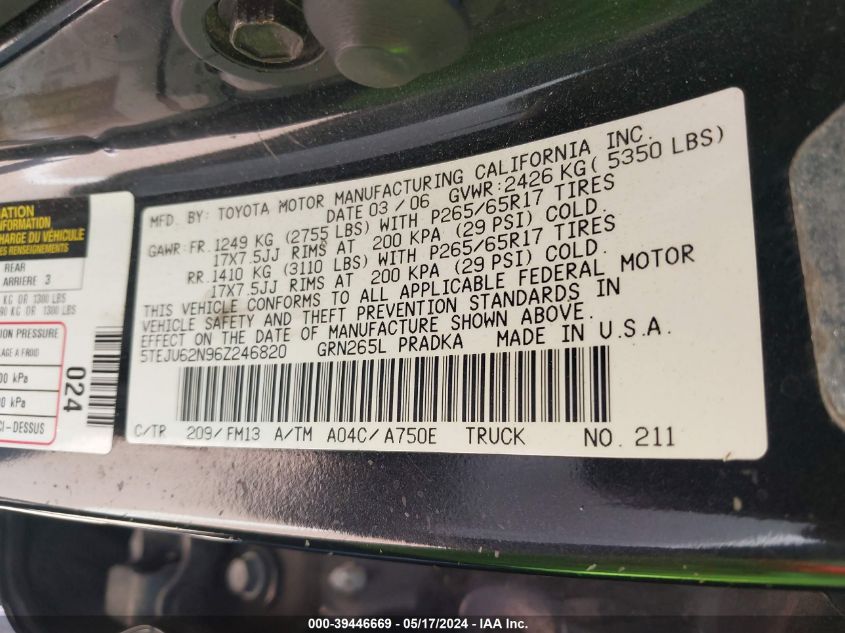 2006 Toyota Tacoma Prerunner V6 VIN: 5TEJU62N96Z246820 Lot: 39446669