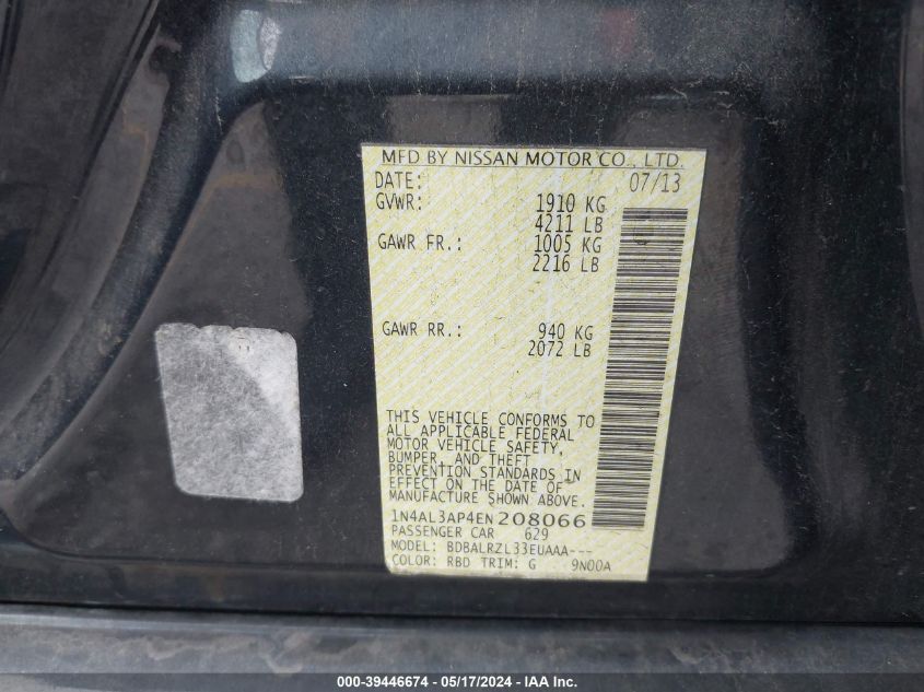 2014 Nissan Altima 2.5 S VIN: 1N4AL3AP4EN208066 Lot: 39446674