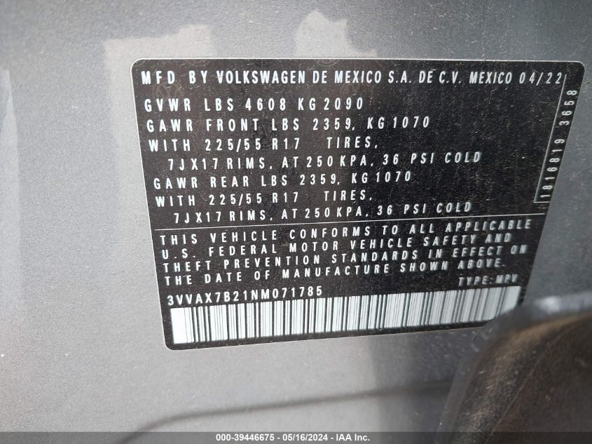 2022 Volkswagen Taos 1.5T S VIN: 3VVAX7B21NM071785 Lot: 39446675