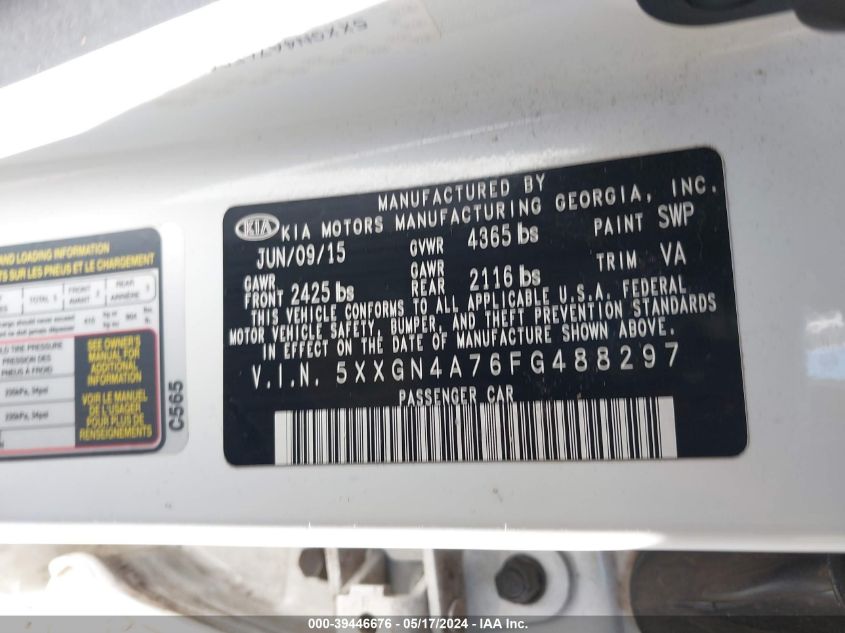 2015 Kia Optima Ex VIN: 5XXGN4A76FG488297 Lot: 39446676