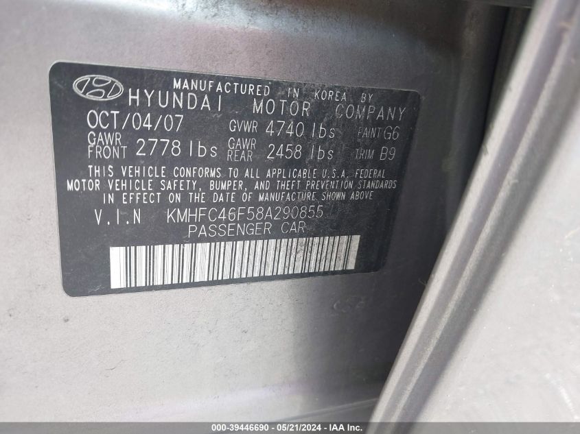 2008 Hyundai Azera Limited VIN: KMHFC46F58A290855 Lot: 39446690