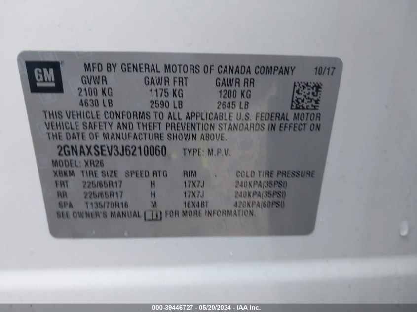 2018 Chevrolet Equinox Lt VIN: 2GNAXSEV3J6210060 Lot: 39446727