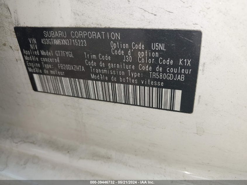 2022 Subaru Impreza Sport 5-Door VIN: 4S3GTAM6XN3715223 Lot: 39446732