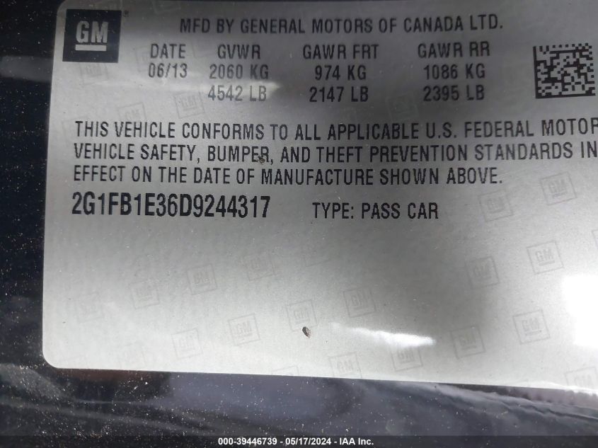 2013 Chevrolet Camaro 1Lt VIN: 2G1FB1E36D9244317 Lot: 39446739