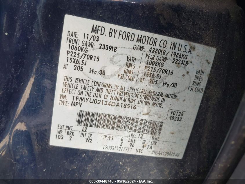 2004 Ford Escape Xls VIN: 1FMYU02134DA18516 Lot: 39446748