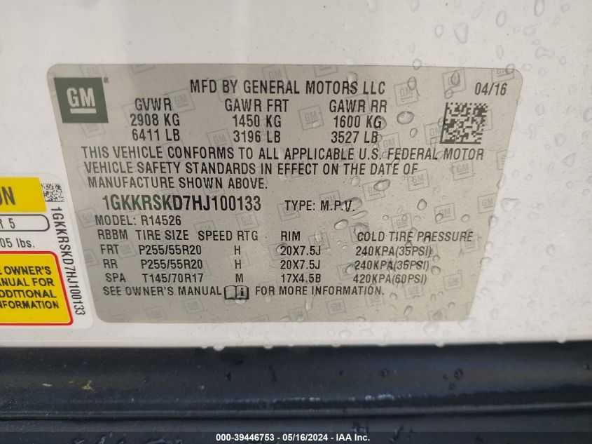 2017 GMC Acadia Limited VIN: 1GKKRSKD7HJ100133 Lot: 39446753