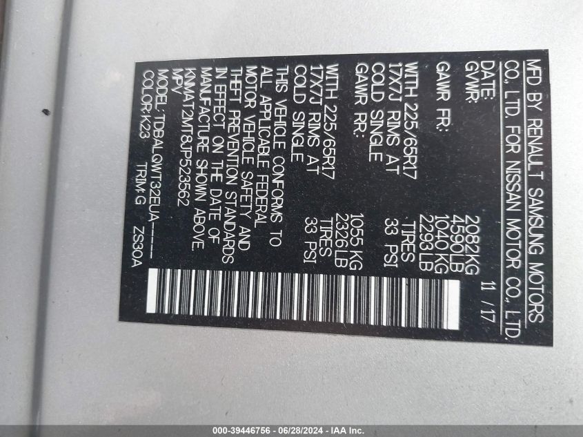 2018 Nissan Rogue Sv VIN: KNMAT2MT8JP523562 Lot: 39446756