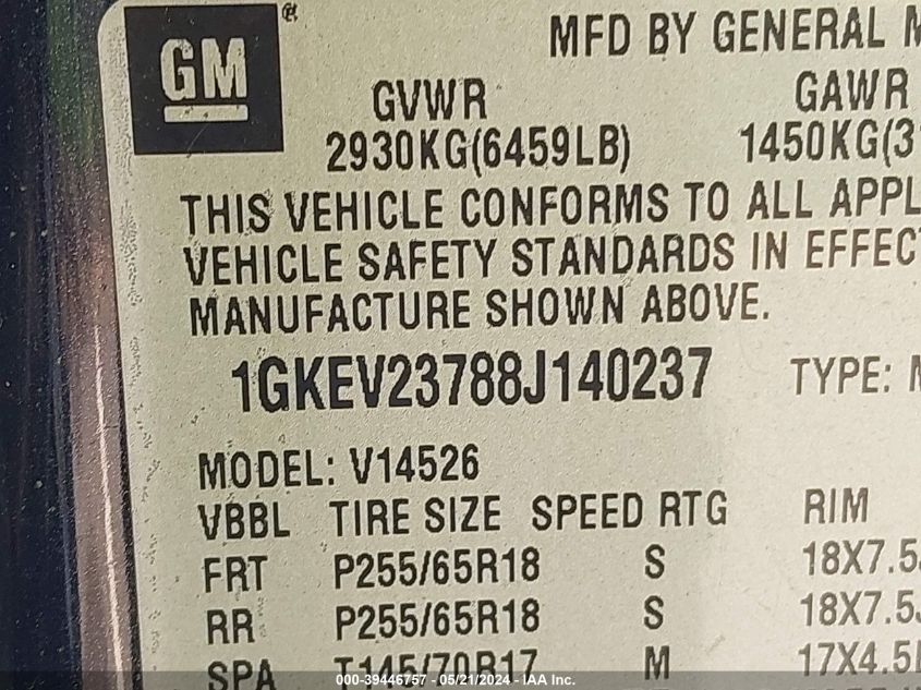 2008 GMC Acadia Slt-1 VIN: 1GKEV23788J140237 Lot: 39446757