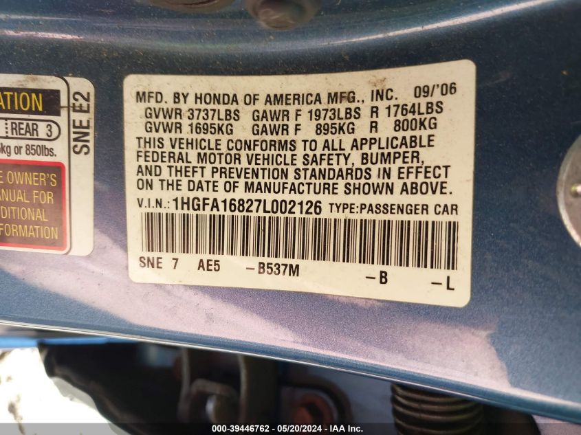 2007 Honda Civic Ex VIN: 1HGFA16827L002126 Lot: 39446762