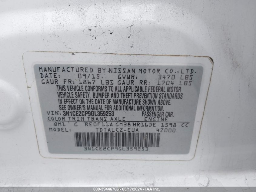 2016 Nissan Versa Note S Plus VIN: 3N1CE2CP9GL359253 Lot: 39446766