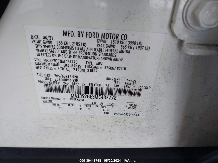 2021 Ford Ecosport Se VIN: MAJ3S2GE3MC437778 Lot: 39446768