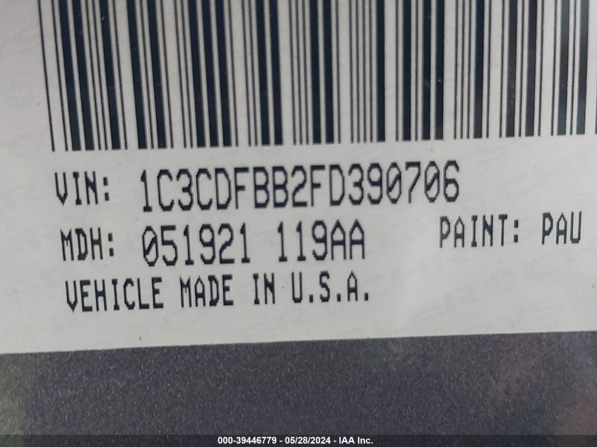 2015 Dodge Dart Sxt VIN: 1C3CDFBB2FD390706 Lot: 39446779