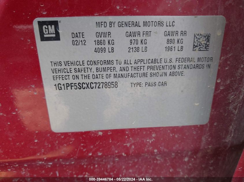 2012 Chevrolet Cruze 1Lt VIN: 1G1PF5SCXC7278958 Lot: 39446784