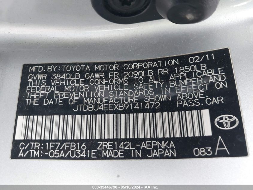 2011 Toyota Corolla Le VIN: JTDBU4EEXB9141472 Lot: 39446790