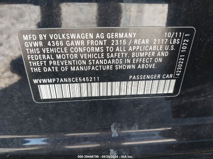 2012 Volkswagen Cc R-Line VIN: WVWMP7AN8CE545211 Lot: 39446799
