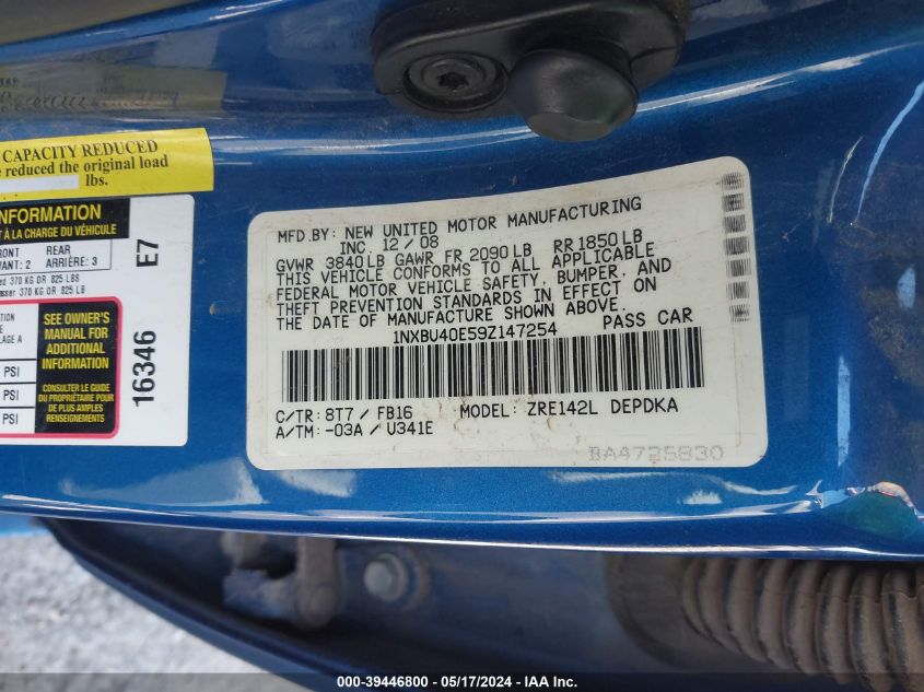 2009 Toyota Corolla Le VIN: 1NXBU40E59Z147254 Lot: 39446800