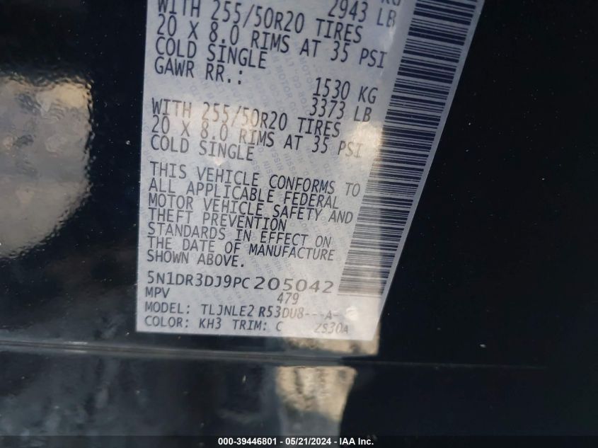 2023 Nissan Pathfinder Platinum 4Wd VIN: 5N1DR3DJ9PC205042 Lot: 39446801