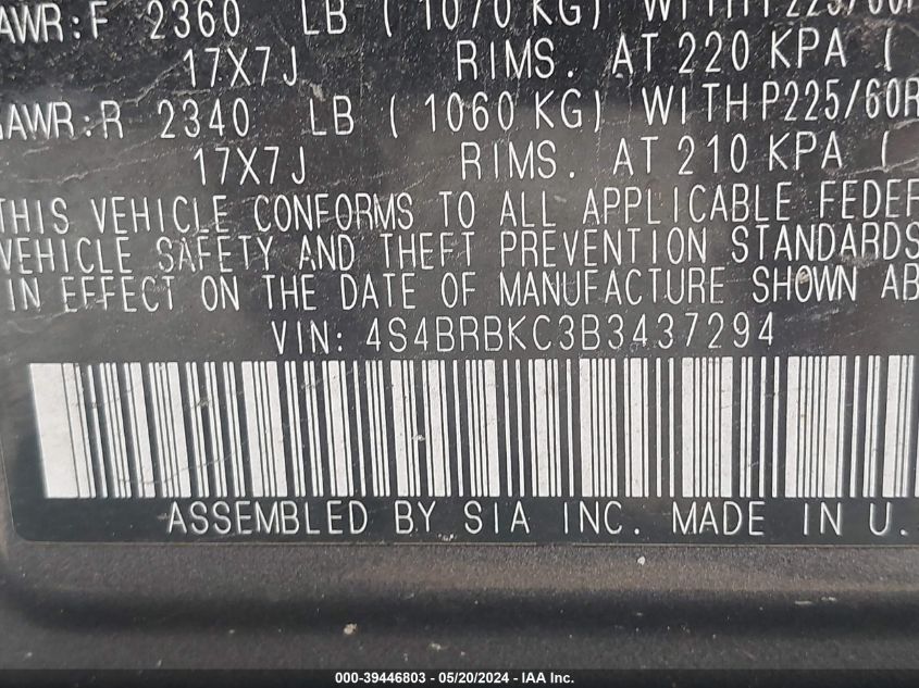 2011 Subaru Outback 2.5I Limited VIN: 4S4BRBKC3B3437294 Lot: 39446803