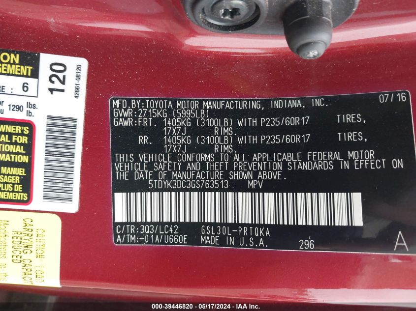 2016 Toyota Sienna Xle Premium 8 Passenger VIN: 5TDYK3DC3GS763513 Lot: 39446820