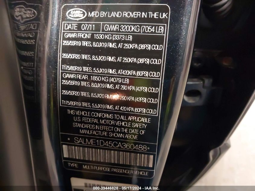 2012 Land Rover Range Rover Hse VIN: SALME1D45CA360488 Lot: 39446828