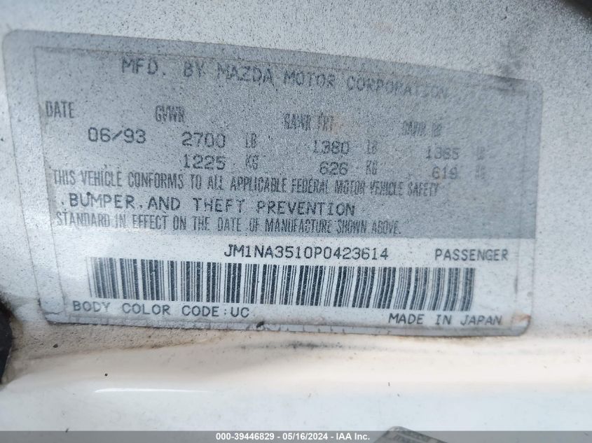 1993 Mazda Mx-5 Miata VIN: JMJNA3510P0423614 Lot: 39446829