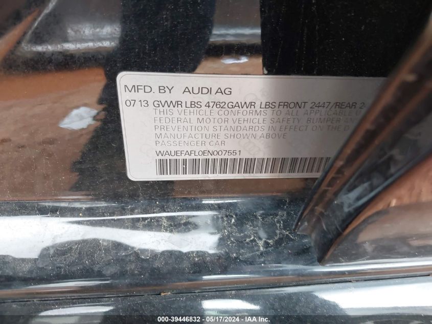 2014 Audi A4 2.0T Premium VIN: WAUEFAFL0EN007551 Lot: 39446832