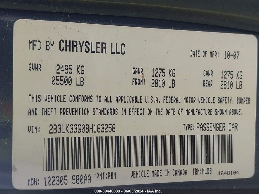 2008 Dodge Charger Sxt VIN: 2B3LK33G08H163256 Lot: 39446833