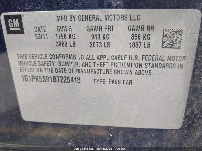 2011 Chevrolet Cruze Eco VIN: 1G1PK5S91B7225418 Lot: 39446836