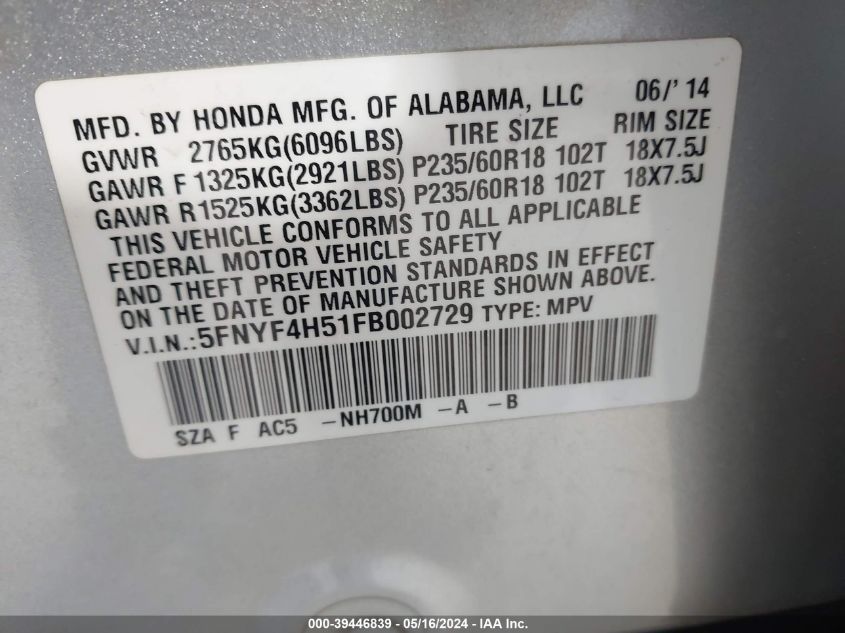 2015 Honda Pilot Ex-L VIN: 5FNYF4H51FB002729 Lot: 39446839