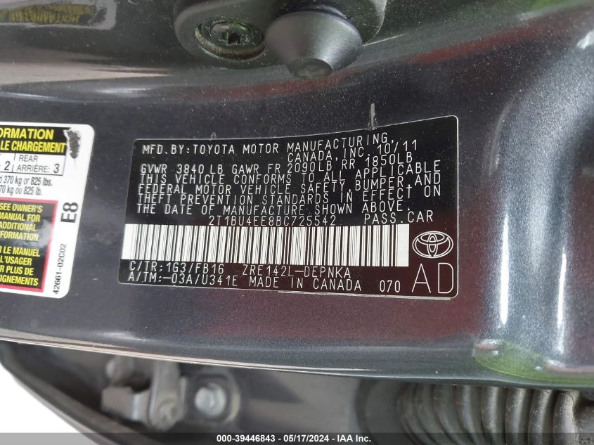 2011 Toyota Corolla Le VIN: 2T1BU4EE8BC725542 Lot: 39446843