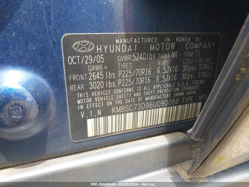 2006 Hyundai Santa Fe Gls VIN: KM8SC73D96U090088 Lot: 39446845