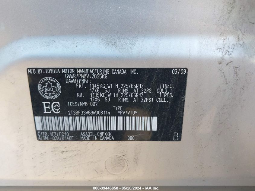 2009 Toyota Rav4 VIN: 2T3BF33V69W008144 Lot: 39446858