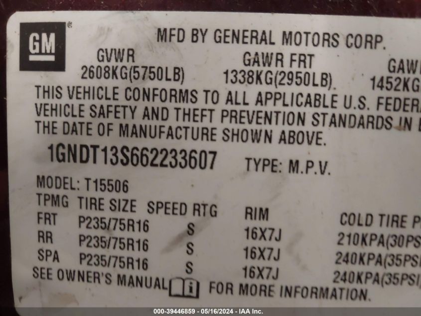 2006 Chevrolet Trailblazer Ls VIN: 1GNDT13S662233607 Lot: 39446859