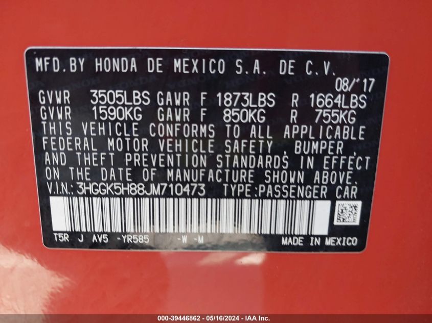 2018 Honda Fit Ex VIN: 3HGGK5H88JM710473 Lot: 39446862