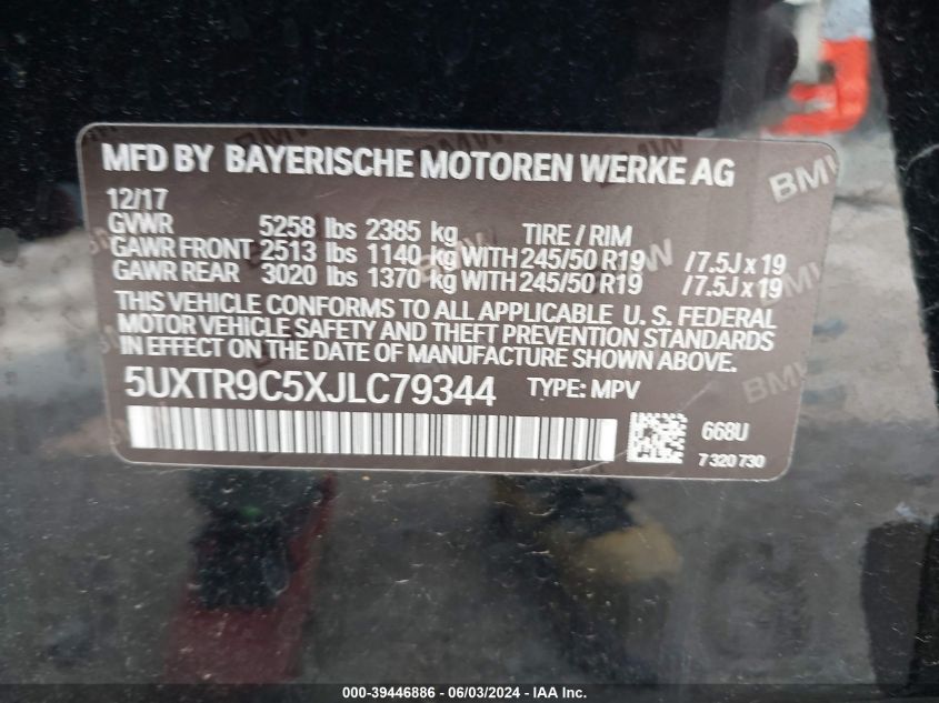 2018 BMW X3 xDrive30I VIN: 5UXTR9C5XJLC79344 Lot: 39446886