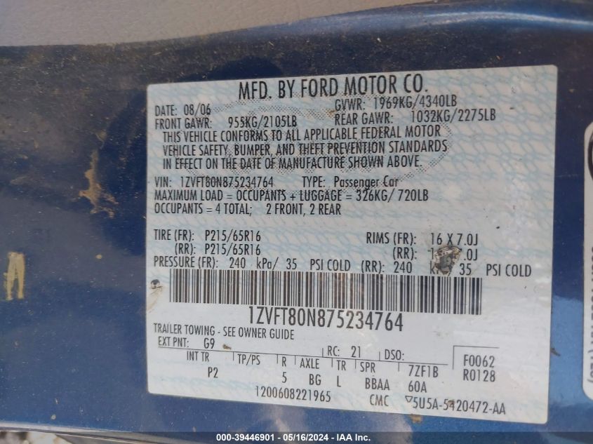 2007 Ford Mustang V6 Deluxe/V6 Premium VIN: 1ZVFT80N875234764 Lot: 39446901