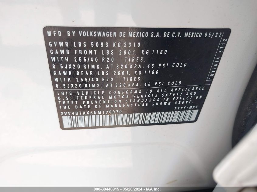 2022 Volkswagen Tiguan 2.0T Sel R-Line VIN: 3VV4B7AX6NM108970 Lot: 39446915