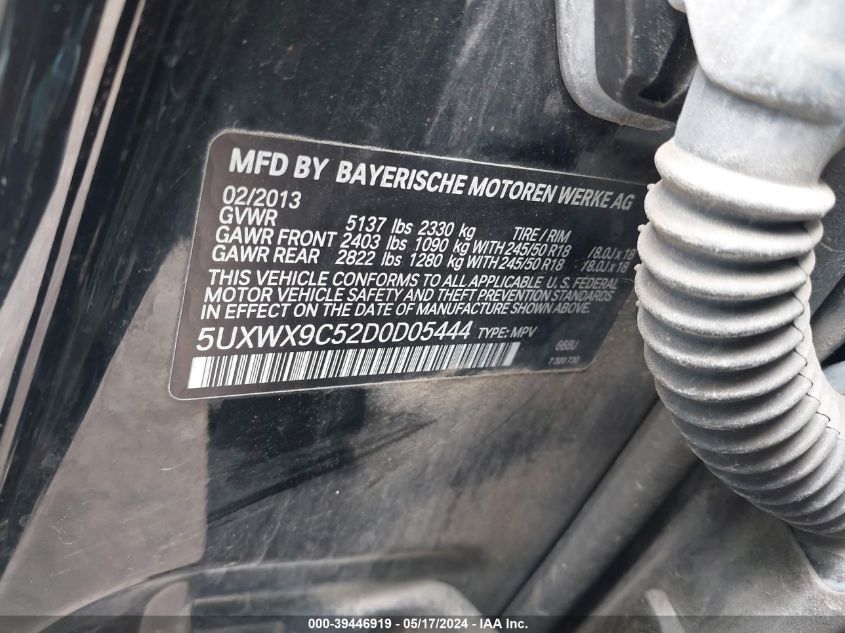 2013 BMW X3 xDrive28I VIN: 5UXWX9C52D0D05444 Lot: 39446919